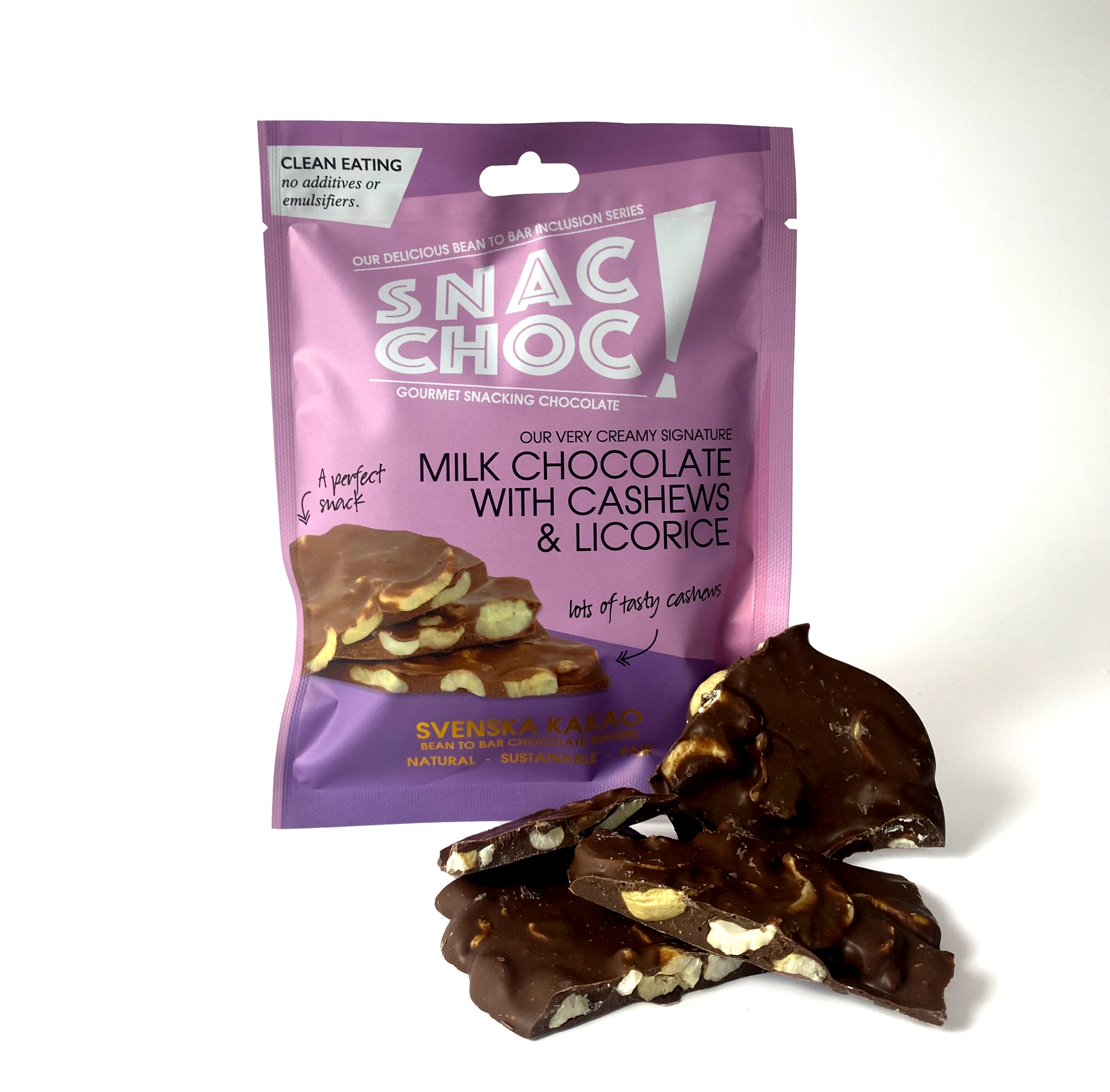 スベンスカ・カカオ：スナックチョック！ カシューナッツ＆リコリス（ミルクチョコレート）
